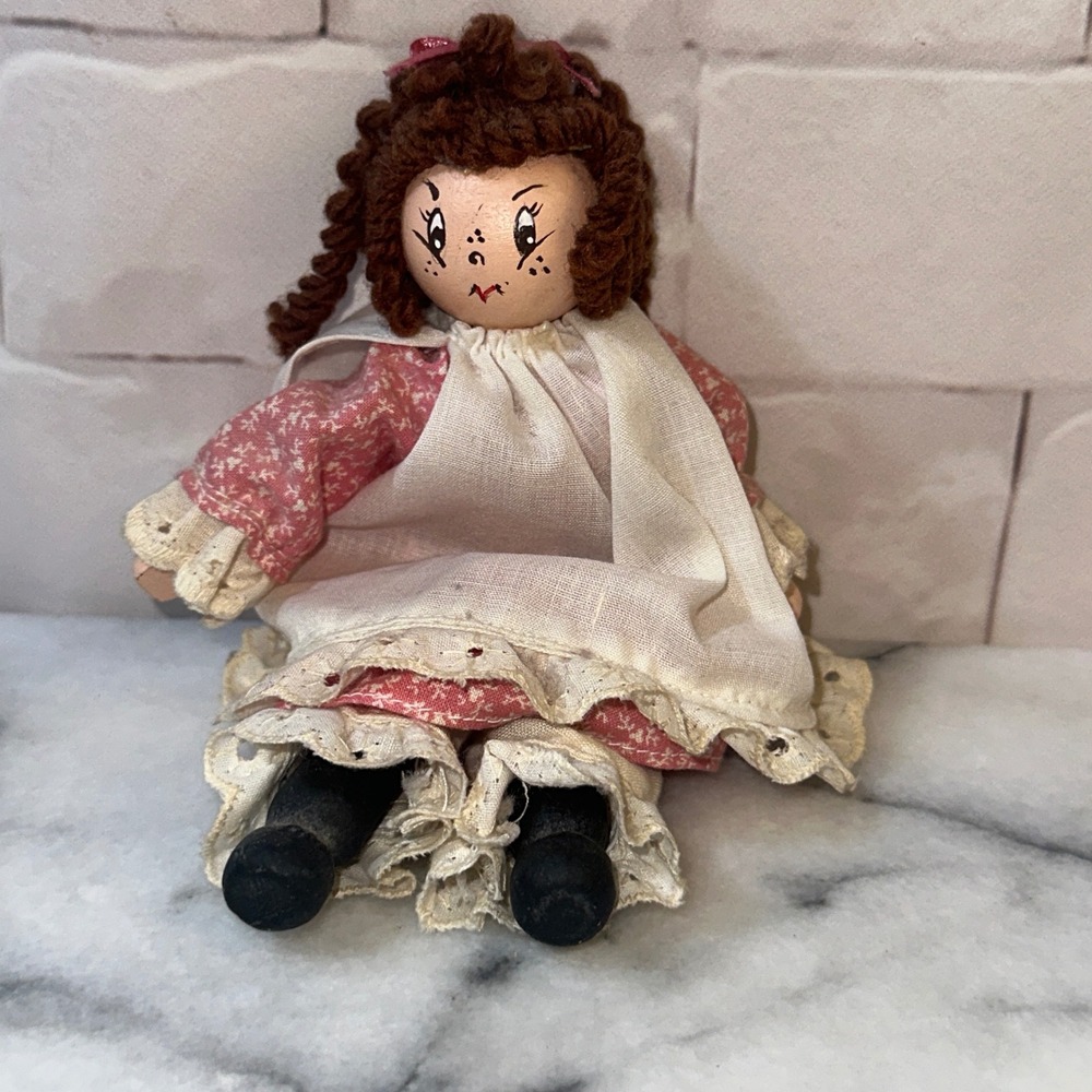 Vintage Handmade Clothespin Doll Pink Floral Dress Eyelet Lace Folk Art Decor